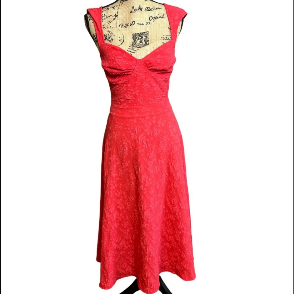 Bettie Page queen of pinups floral Coral brocade midi dress retro pinup size 6